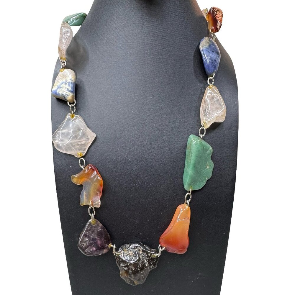 Vintage Large Nugget Multi gemstone Necklace Wire Wrapped Natural Mineral 31"